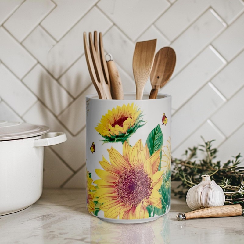 Sunddo Sunflower Utensil Holder, 6.7" Large Utensil Crock, Ceramic Cooking