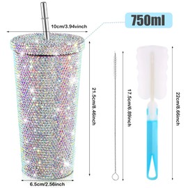 Studded Bling Diamond Tumbler Glitter Water Bottle with Lid Stainless Steel Vacuum Thermal Straw Tumbler Rhinestone Tumbler with 1 Pcs Cup Brush 6 Pcs Straw Brushes for Women (AB Color,23.67 oz)