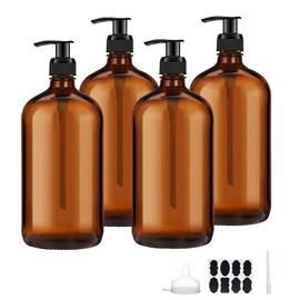 BPFY 4 Pack 32 oz Amber Glass Pump Bottles, Glass Dispenser Bottles with Pump, Boston Round Bottles with Pumps for Shampoo and Conditioner, Body Shower, Lotion, Soap, Massage Oils