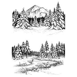 Mountain River Trees Clear Stamps for Card Making Scrapbooking Crafting DIY Decorations, Background Winter Christmas Rubber Stamps Transparent Silicone Seal for Embossing Album Crafts