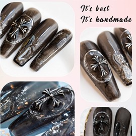 Sun&Beam Nails Handmade Press On Nail Long Coffin Ballerina Black Cross Acrylic Fake Tip 3D Design Art Charms Cute with Storage Box 10 Pcs (M)