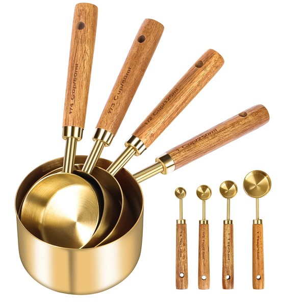 Cuteefun Measuring Cups and Measuring Spoons, Pack of 8, Wooden Handle, with Metric and US Measurements, Premium Stainless Steel, Gold Polished, Dry & Liquid Measuring Cup, for Cooking and Baking