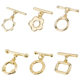Beebeecraft 12 Sets 6 Styles Toggle Clasps for Jewellery Genuine 18K Gold-Plated T Bar Clasps for Necklaces Round Flower Shape IQ Jewellery Clasp Connector Buckle for Jewellery Making