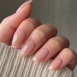 Hkanlre Uñas postizas color nude, cobertura total, almendra, uñas postizas medianas, uñas postizas a presión para mujeres, 24 unidades