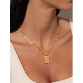 Robaice Gold Cross Pendant Necklace for Women, Toggle Clasp Rectangle Cross Charm Necklace, Dainty Paperclip Chain Religious Jewelry Gift for Christian Faith, Baptism, First Communion