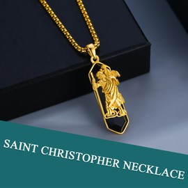 YueYuan St Christopher Necklace 925 Sterling Silver Religious Necklace Onyx Pendant for Men
