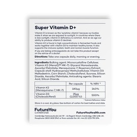 FutureYou Cambridge Super Vitamin D+ Supplements C High Strength D3 and K2 Vitamin Capsules for Bone Health and Density C Vitamins for Tiredness and Fatigue C Vitamin D Tablets by FutureYou Cambridge