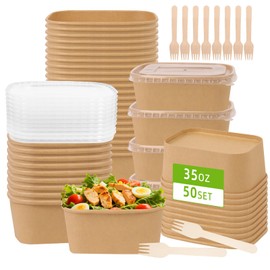 DeziWood 50 Pack 35 oz Paper Food Containers with Lids, Meal Prep Containers Disposable Large Paper Bowls, Microwavable and Freezer Storage Use Cardboard Food Containers