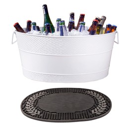 BREKX Galvanized White Beverage Tub + Insulated Cocktail Mat - 6-Gallon Beverage Tub & Wine Bucket for Parties & Events
