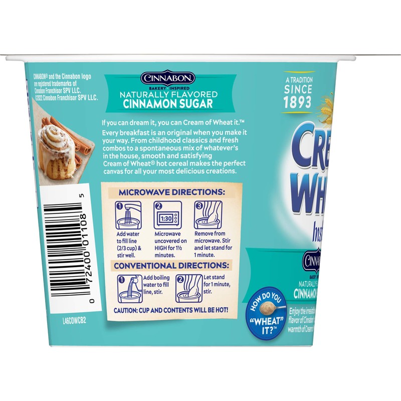 Cream of Wheat Instant Hot Cereal To-Go Cups, Cinnabon, 2.29