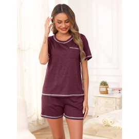 Wikoan Women's Pyjamas, Soft Cotton Pyjamas, Short Two-Piece Crew Neck Pyjamas, Short Sleeve with Shorts, Sleepwear Women's Summer with Pockets, S-XXL, Burgundy red, S