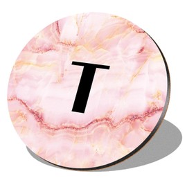 1 x Round Coaster - Letter T Marble Stone Texture Lettering Name Initial Cork Backed MDF Glossy Tea Coffee Accessory #274831