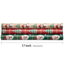 RUSPEPA Christmas Kraft Wrapping Paper Roll - Mini Roll - 17 inches x 10 feet per Roll, Total of 3 Rolls - Snowman, Santa Claus and Christmas Tree