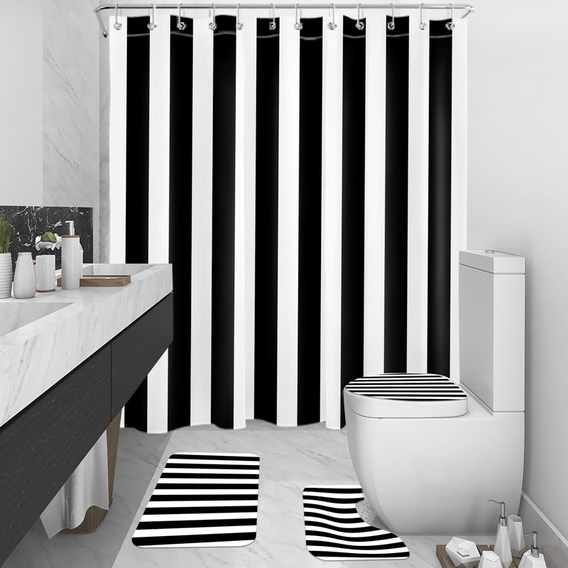 MYUSRE 4 Piece Black and White Striped Shower Curtain Set