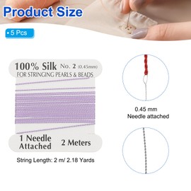 PATIKIL Silk Cord Thread, 5 Pcs Pure Silk Beading Thread Cord Size 0.45 mm with The Knotting Pearls Needle Attached, Light Purple