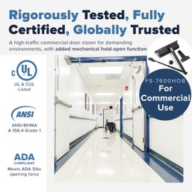 FORTSTRONG Commercial Door Closer FS-7600 HOB – Adjustable Grade 1 Commercial Standard Automatic Door with Hold-Open Mechanism – ADA Compliant – Black Finish – Medium Traffic Areas – UL Listed