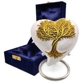 TREE of LIFE Heart Keepsake Urn - Mini Ash Handcrafted Cremation Small Urn for Ashes- Perfect for Adults & Infants - Tribute to Your Loved One - with Free Velvet Box & Display Stand (WHITE & GOLD)