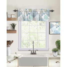 Coral Valance for Windows Starfish Seashell Curtains Valances Blue Ocean Coastal Short Curtains Rod Pocket Window Treatment for Kitchen Living Room Bedroom Bathroom Summer Beach Decor 1 Panel 42x12
