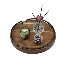 LESUTI Round Decorative Tray for Coffee Table, Solid Wood Tray with Handles, 12-inch Wooden Serving Tray for Living Room, Kitchen Counter, Home Decor.（Natural Color）