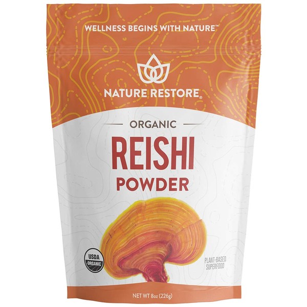 Nature Restore USDA Certified Organic Red Reishi Mushroom Powder, 8 Ounces, Non GMO, Gluten Free, Packaged in California, Ganoderma Lucidum/Lingzhi
