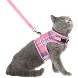 PUPTECK Soft Mesh Cat Vest Harness and Leash Set Puppy Padded Pet Harnesses Escape Proof for Cats Small Dogs Rabbits Bunny, Plaid Pink, L