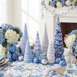 Civaner 6 Pcs Christmas Chinoiserie Velvet Trees Set Dirty Blue and White Floral Cone Tabletop Tree Table Decor Farmhouse Xmas Tiered Tray Ornament for Christmas Party
