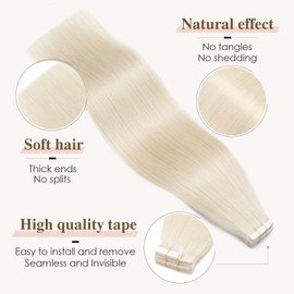 TESS Tape in Hair Extensions Human Hair 10 PCS #70 Ultra Platinum Blonde - 24 Inch Seamless Invisible Real Hair Extension Straight 25g