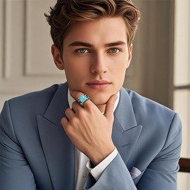 Oidea Turquoise Ring for Men: Vintage Stainless Steel Men's Signet Rings Cocktail Party Biker Band Retro Statement Ring Jewelry Gifts for Mens and Womens Size 10