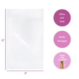 Purple Q Crafts Clear Plastic Cellophane Bags with 4" Colored Twist Ties for Gifts Party Favors (4"x6" 100 Pack)