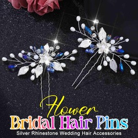EASEDAILY Flower Bridal Hair Pins Silver Rhinestone Wedding Hair Accessories Crystal Hair Pieces for Women (Pack of 2) (Silver)
