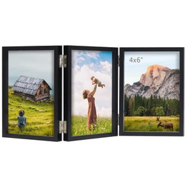 AEVETE 4x6 Triple Picture Frames Black Hinged Folding Photo Frames Vertical with Real Glass Front