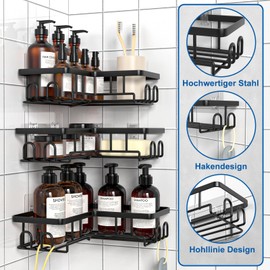 Diwoker Shower Shelf No Drilling Corner - Rustproof Shower Shelf Bathroom Organiser Shampoo Holder for Shower (Black - Pack of 3)