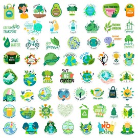 50 pcs Green Department Environmental Theme Stickers Earth Day Stickers for Teens Water Bottles, Fun Environmental Theme Vinyl Stickers for Kids Journal Laptops Skateboard Luggage Phone
