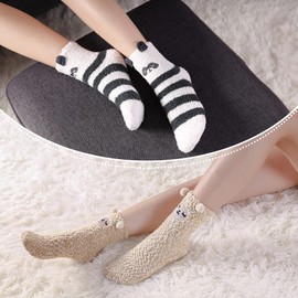 LINEMIN Womens Fuzzy Socks Cozy Fluffy Winter Warm Slipper Socks Microfiber Soft Home Sleeping Socks (5 Pack Pink Color Animal)