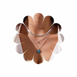 Sttiafay Multiayer Turquoise Necklace Chain Layered Silver Leaf Pendant Y Necklace Boho Beads Choker Jewellery for Women and Girls, Metal, Turquoise