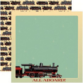 2 PCS REMINISCE ALL ABOARD TRAIN DOUBLE SIDED SCRAPBOOK PAPER TRAVEL 12"X12"