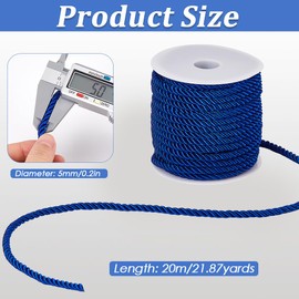 SOFPLATE 20M/21.87 Yards Twisted Silk Rope Cord Braided Cording 5mm Dark Blue 3-Ply Twist Cording Trim Decorative Ropes Thread Graduation Honor Cord for Craft Handfasting Home Decor Upholstery Curtain