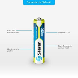 STEREN Bat-NM-AAA Paquete de 4 Pilas Recargables AAA composición química de NiMH con Capacidad de 600 mAh a 1,2 Volts de Corriente Continua