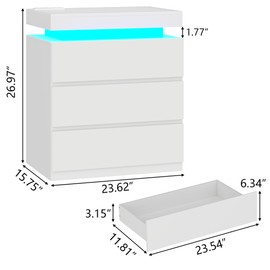 Nightstand with Charging Station and LED Lights, Night Stand with 3 Large Drawers, Bedside Table with Storage, Modern End Side Table, White Night Stands for Bedroom, Living Room, 23.62" W×26.97" H