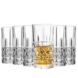 binsakao Tall Highball Glasses Set of 6, 14 Ounce Cups, Textured Designer Glassware for Drinking Water, Beer, or Soda, Trendy and Elegant Dishware, Dishwasher Safe