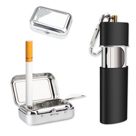 Rairsky Pack of 2 Pocket Ashtray Odour-Proof with Lid, Travel Ashtray Made of Metal Mini Portable Ashtray for On the Go Ashtray (Black and Silver)