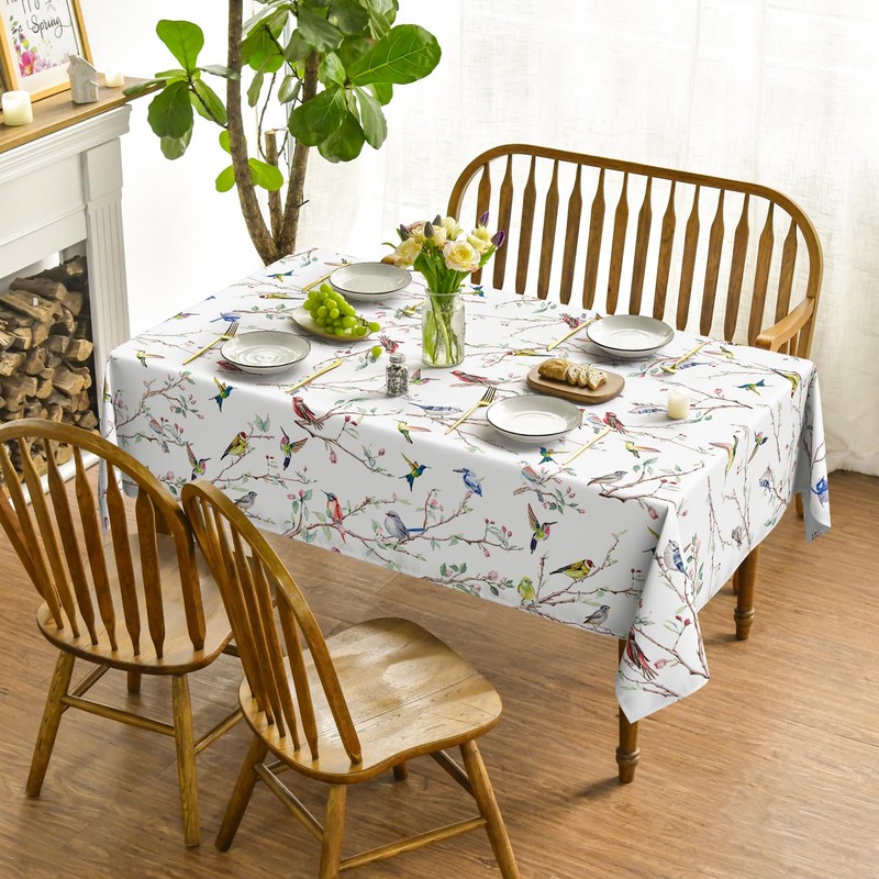 Horaldaily Spring Summer Tablecloth 52x70 Inch Rectangular, Birds Branch Floral
