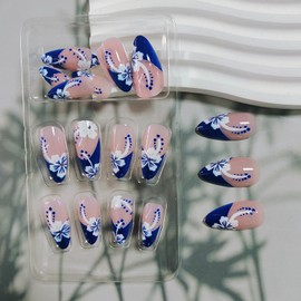 Blue French Tip Press on Nails Medium Almond Fake Nails with Floral Design Spring Flower False Nails Artificial Finger Manicure Full Cover Glue on Nails Cute Blossom Stick on Nails for Women 24Pcs
