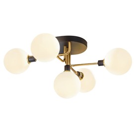 BOKT 5-Lights Globe Flush Mount Ceiling Light Mid Century Modern Brass Flush Mount Sputnik Chandelier Black Gold Frosted White Glass Semi Flush Mount Ceiling Light