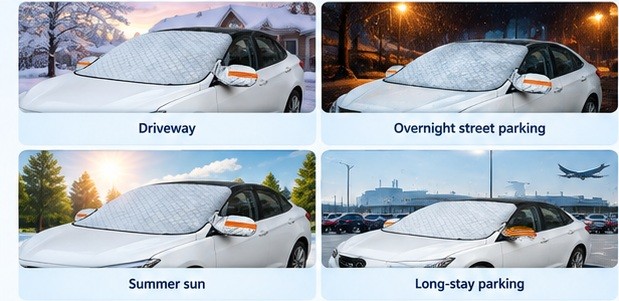 The cover in use on a driveway, overnight street parking, summer sun and long-stay parking