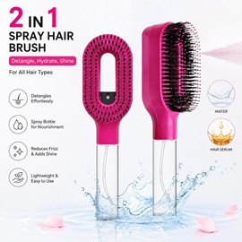 Hair Brush with Water Spray, Melous 2 in1 Hairbrush Mister Detangling Brush with Built-in Fine Mist, Portable Hair Styling Tool for Smooth, Frizz-Free Hair for Women & Girls,Dark Pink