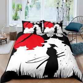 Homewish Samurai Duvet Cover Single Size Sunset Print Comforter Cover Japan Bedding Set Building Silhouette Breathable Bedspread Japanese Ukiyoe Quilt Cover Ultra Lightweight