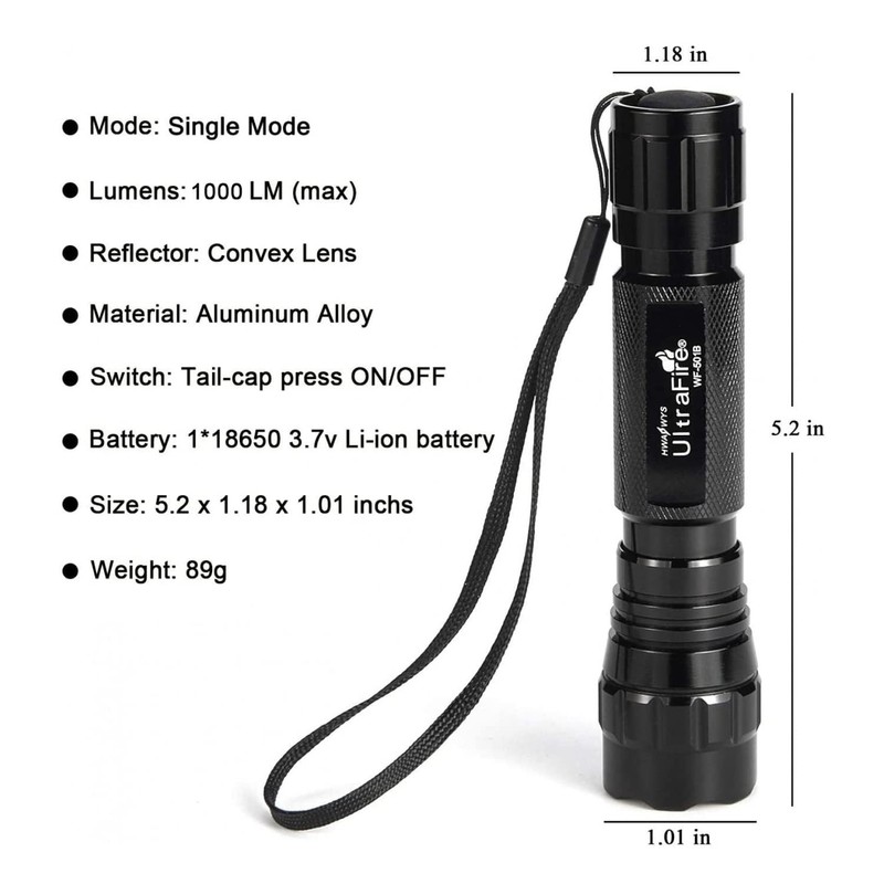 ULTRAFIRE LED Tactical Torch 1000 Lumens Single Mode Super Bright