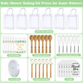 Teenyyou 6 Sets Baby Shower Game Prizes for Winners Potholder Silicone Spatula Bamboo Spoon Whisk Gift Bag Set Gifts for Guests Games Prize Wedding Bridal Baby Shower Favors(Eucalyptus)