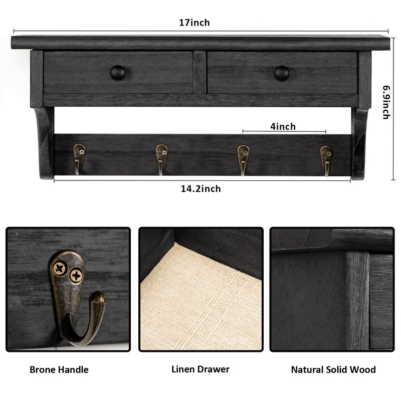 Emfogo Wood Coat Hooks Wall Mounted, Rustic Style with 4